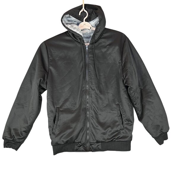 Mens L Hooded Bomber Jacket Black Lined Full Zip Winter Ribbed Hem Warm Pockets - Picture 1 of 7